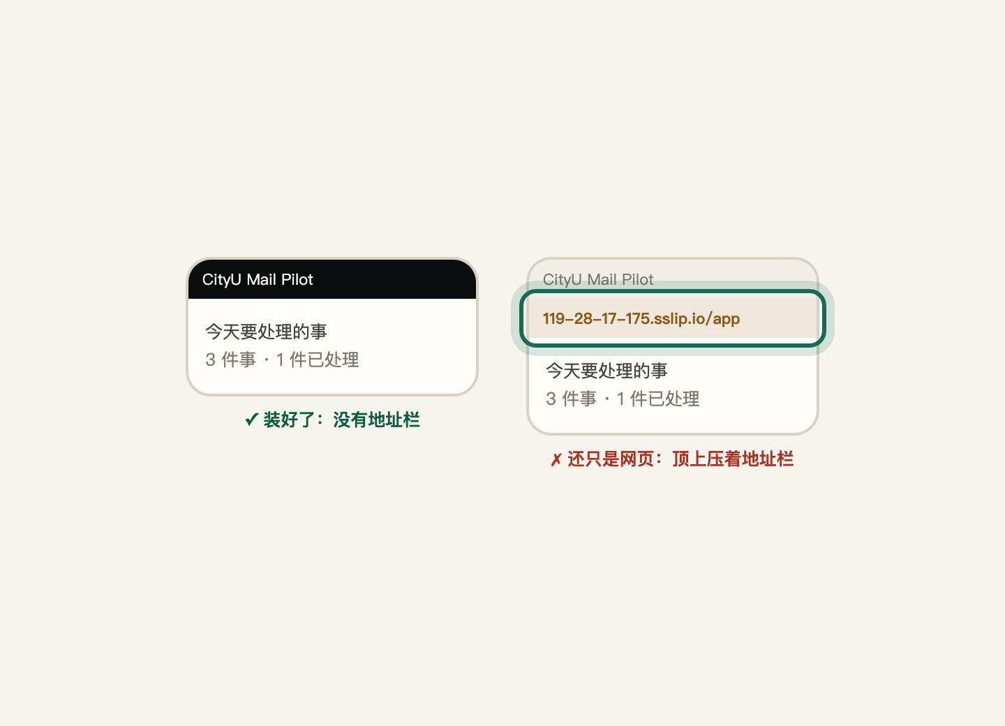 对比示意图:左边是装好的样子(没有地址栏),右边是没装好的样子(顶上压着地址栏)